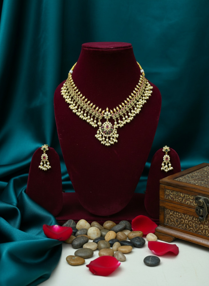 Image of Traditional Gold-Plated Guttapusalu Necklace Set with Pearl Cluster Drops