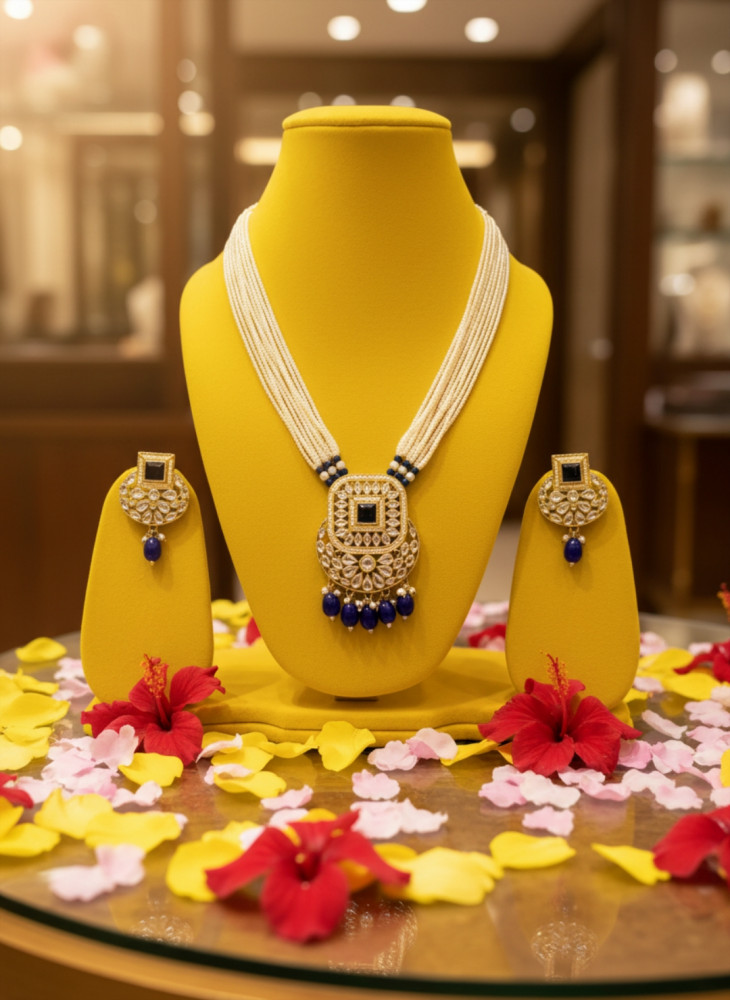 Image of Royal Blue Kundan &amp; Multi-Strand Pearl Necklace Set