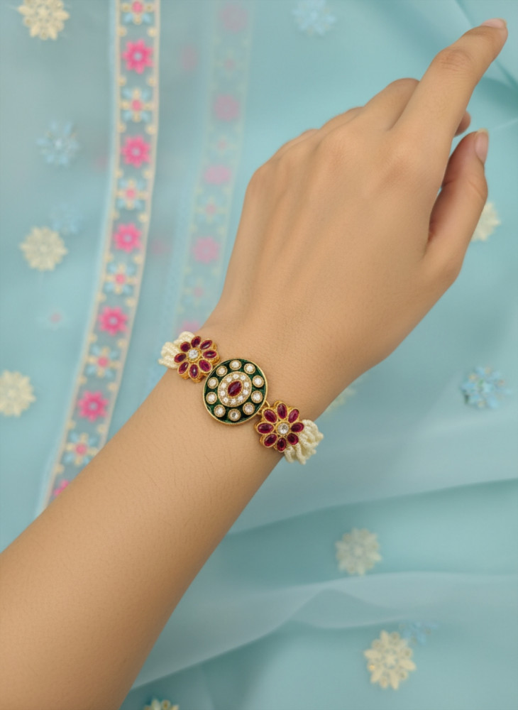 Image of Traditional Multi-Strand Pearl &amp; Kundan Embellished Bracelet