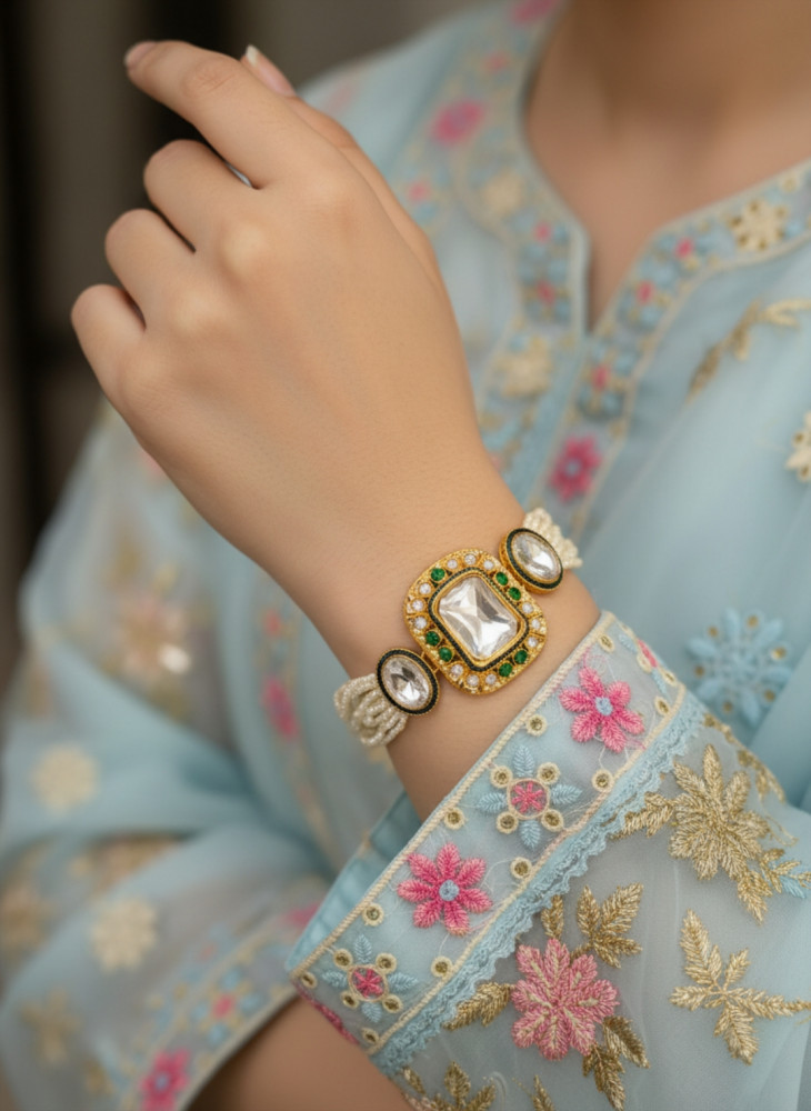 Image of Traditional Multi-Strand Pearl &amp; Kundan Medallion Adjustable Bracelet