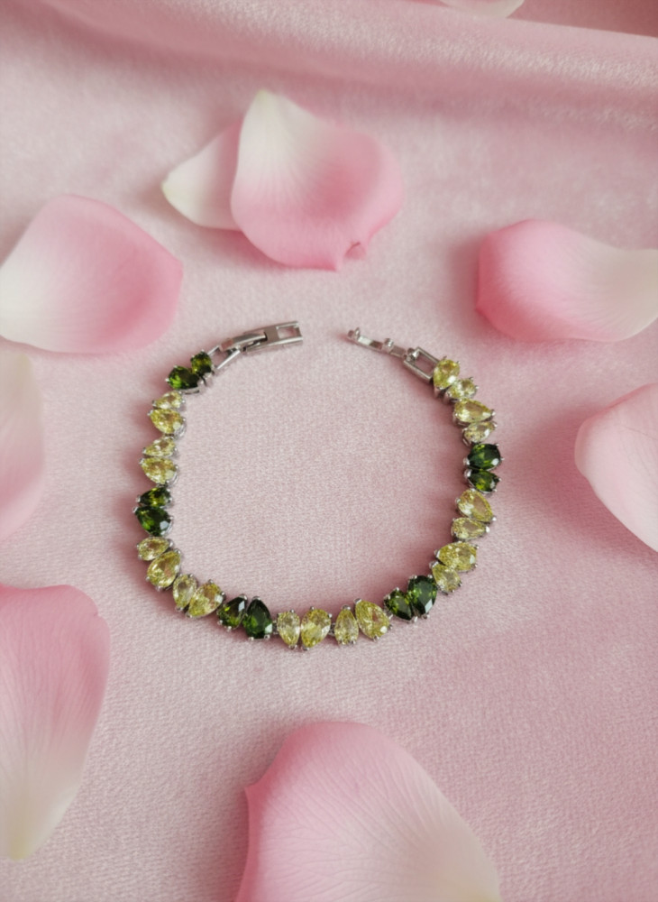 Image of Vibrant Olive Green &amp; Lime Pear-Cut Crystal Tennis Bracelet in Silver Finish