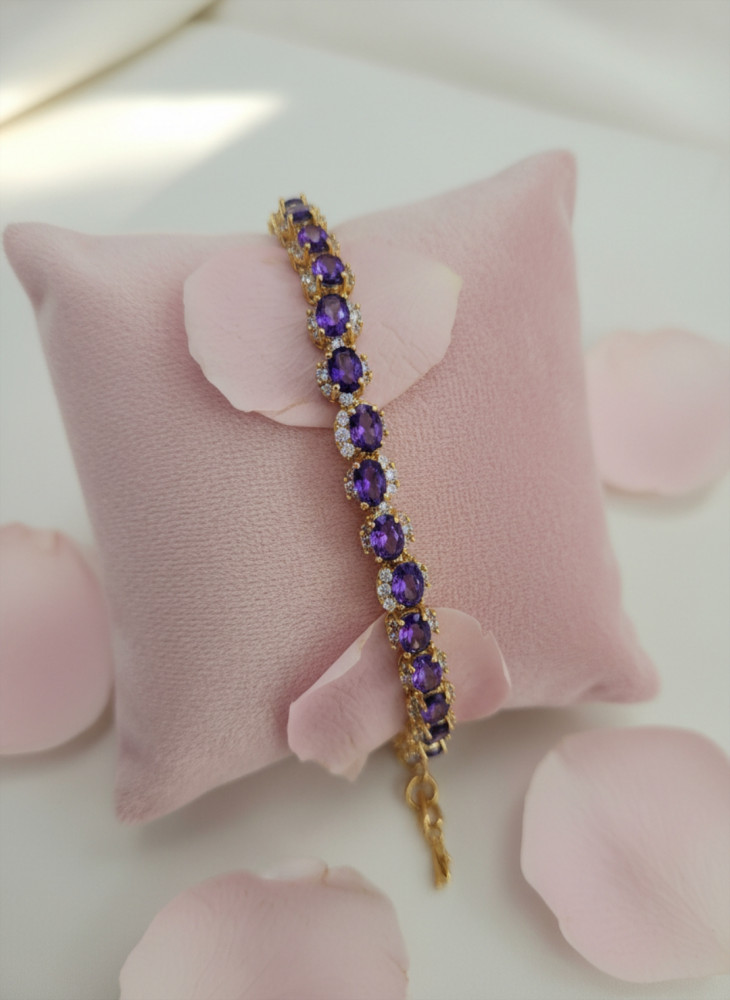 Image of Regal Oval-Cut Amethyst and Diamond Accent Tennis Bracelet in Gold Plated Finish