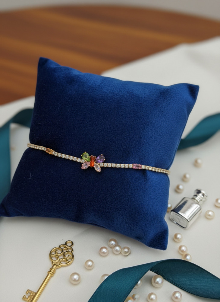 Image of Dainty Multi-Color Crystal Butterfly Tennis Bracelet in 14K Gold Finish