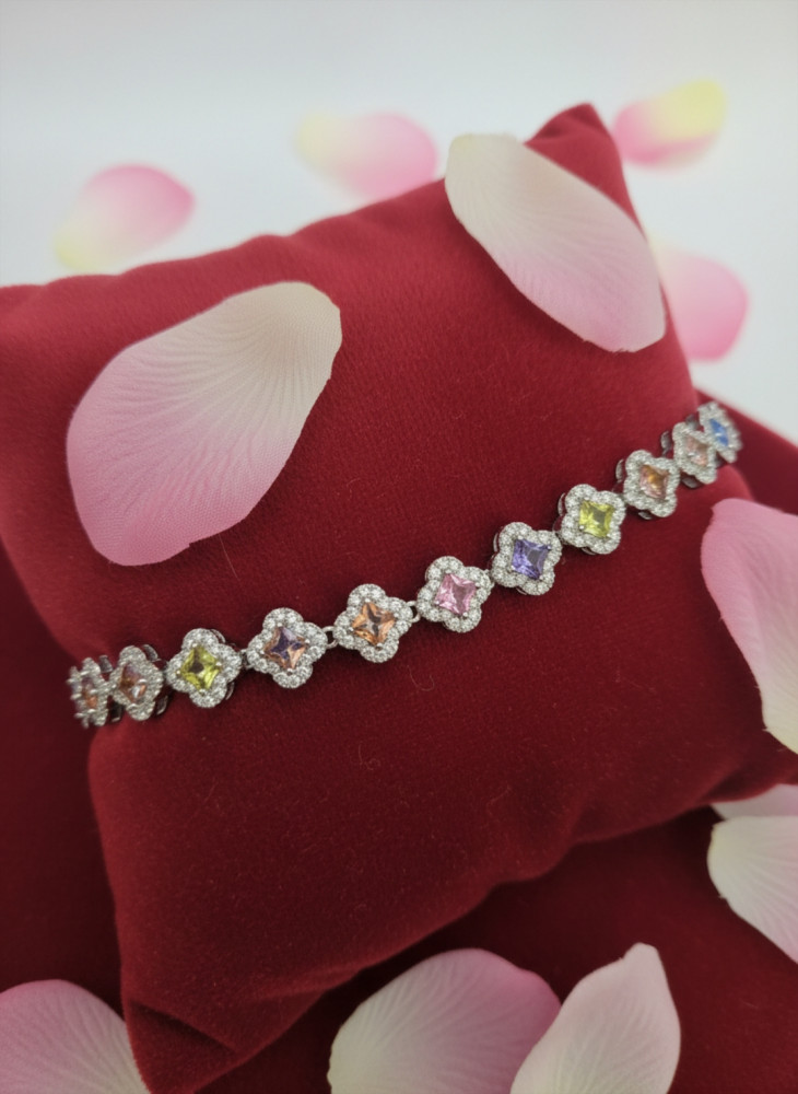 Image of Pastel Multi-Color Clover Crystal Halo Tennis Bracelet in Silver Finish