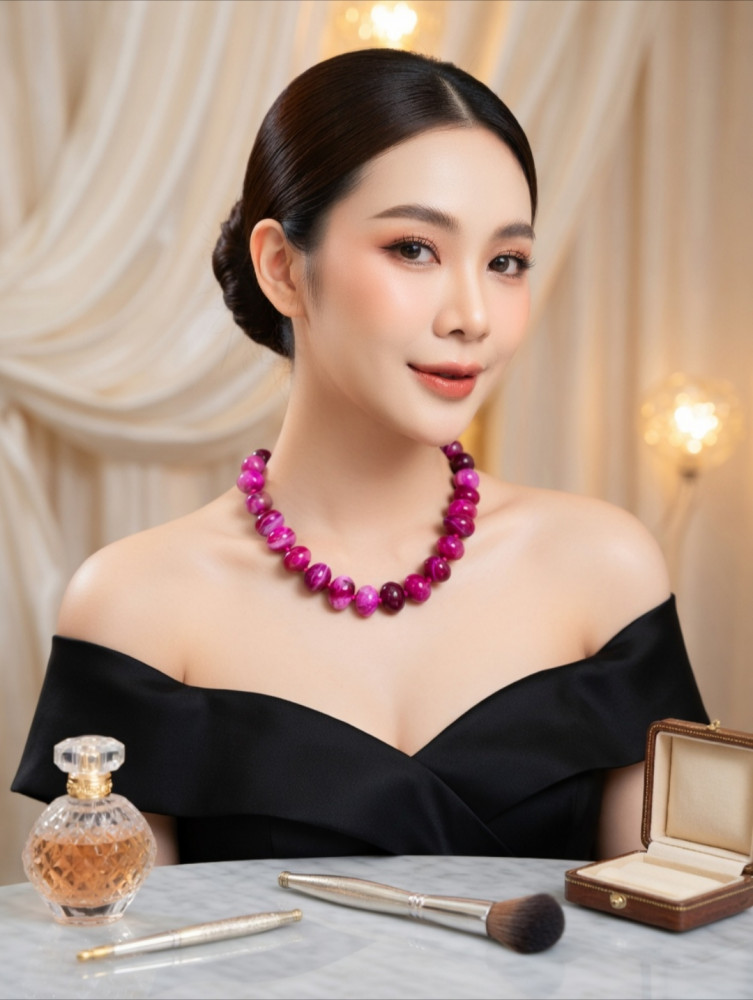 Image of Natural Magenta Striped Agate Beaded Necklace for Women – Fuchsia Gemstone Statement Jewelry