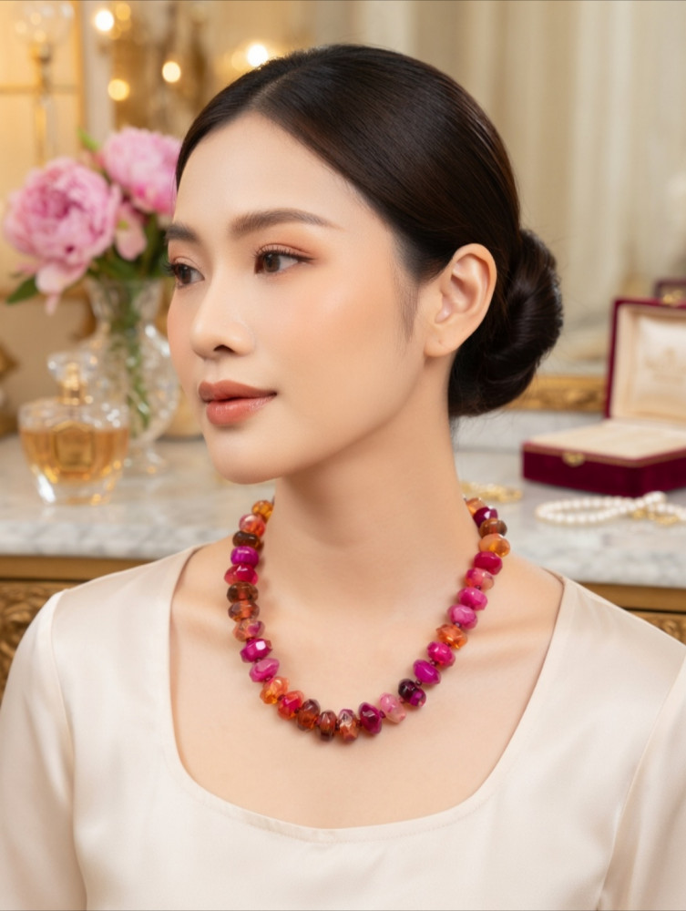 Image of Natural Pink and Orange Agate Faceted Beaded Necklace – Multicolor Statement Jewelry