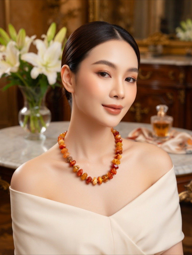 Image of Natural Carnelian Banded Agate Beaded Necklace for Women – Orange Gemstone Statement Jewelry
