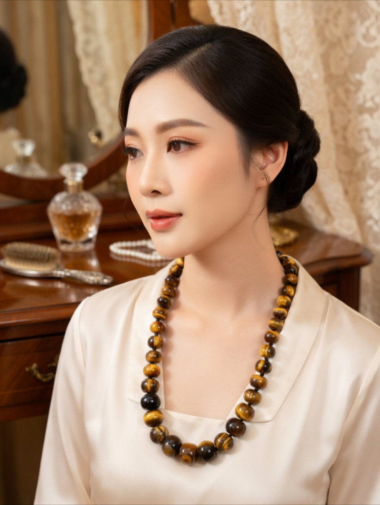 Image of Natural Tiger's Eye Beaded Statement Necklace – Genuine Graduated Gemstone Strand for Women
