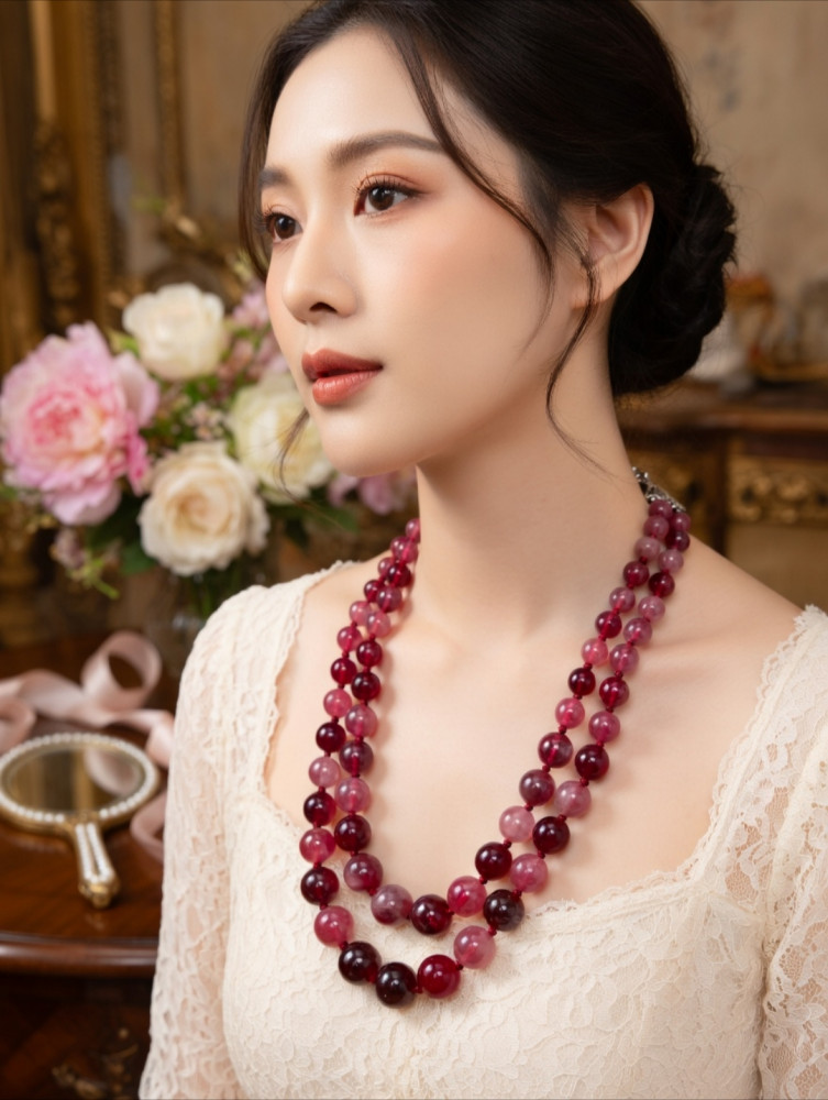 Image of Natural Multi-Tourmaline Two-Strand Beaded Necklace – Pink and Purple Layered Statement Jewelry