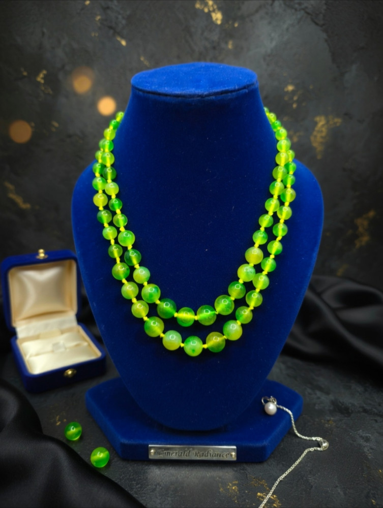Image of Natural Green Onyx Double Strand Necklace – 2-Layer Lime and Forest Green Beaded Statement Mala