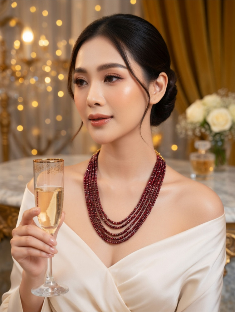 Image of Natural Maroon Garnet Multi-Strand Necklace – 5-Layer Faceted Burgundy Gemstone Statement Jewelry