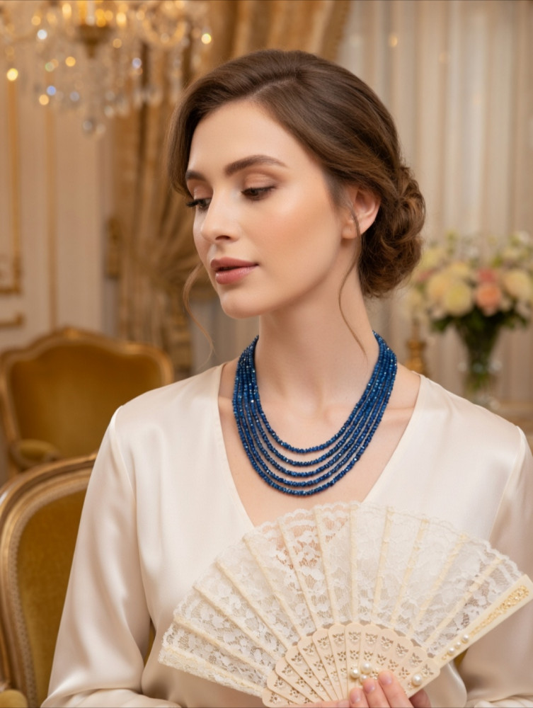 Image of Natural Royal Blue Sapphire Multi-Strand Necklace – 5-Layer Faceted Blue Gemstone Statement Jewelry