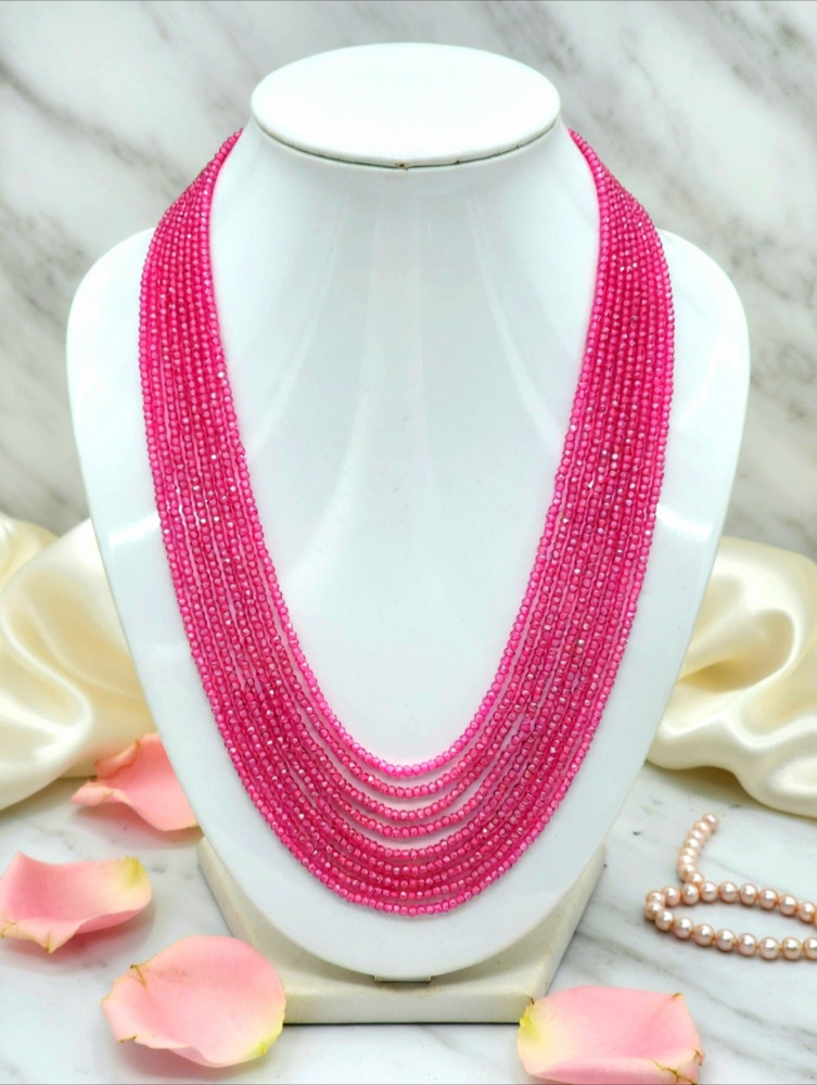 Image of Natural Ruby Pink Tourmaline Multi-Strand Beaded Necklace – 9 Layered Fuchsia Gemstone Statement Jewelry