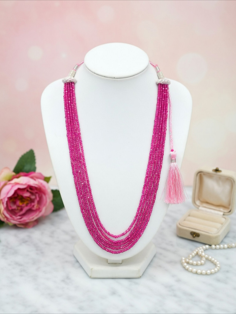 Image of Natural Fuchsia Pink Jade Multi-Strand Beaded Necklace – 5 Layered Magenta Gemstone Statement Jewelry