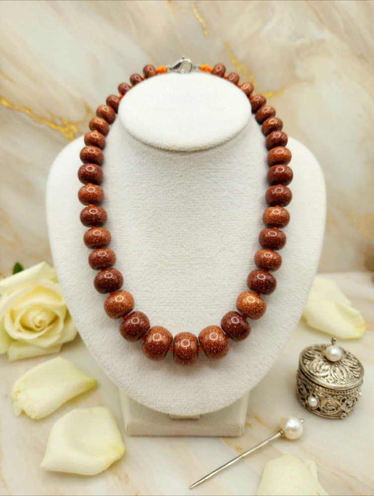Image of Natural Brown Goldstone Beaded Statement Necklace – Sparkling Copper Shimmer Jewelry