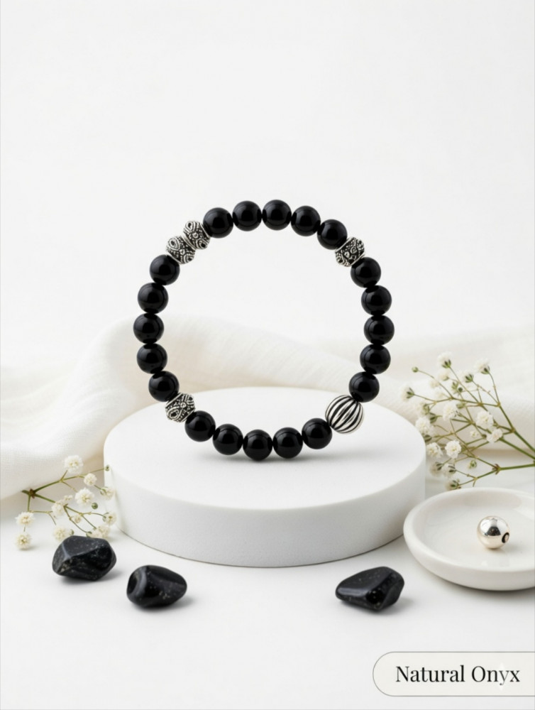 Image of Handcrafted Natural Black Onyx Smooth Round Beaded Bracelet with Antique Silver Accents