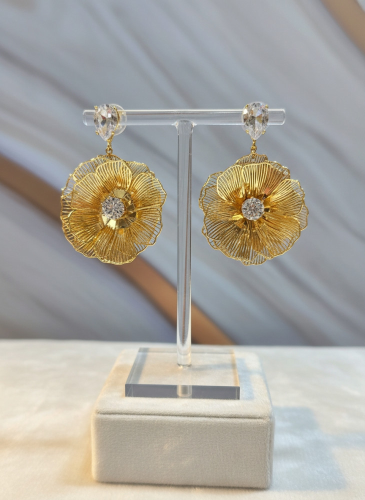 Image of Radiant Bloom: Gold-Tone Flower Teardrop Earrings with Crystal Accents