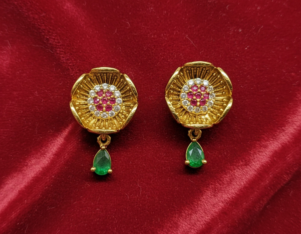 Image of Radiant Blossom: Antique Gold-Plated Floral Studs with Ruby &amp; Emerald Stones