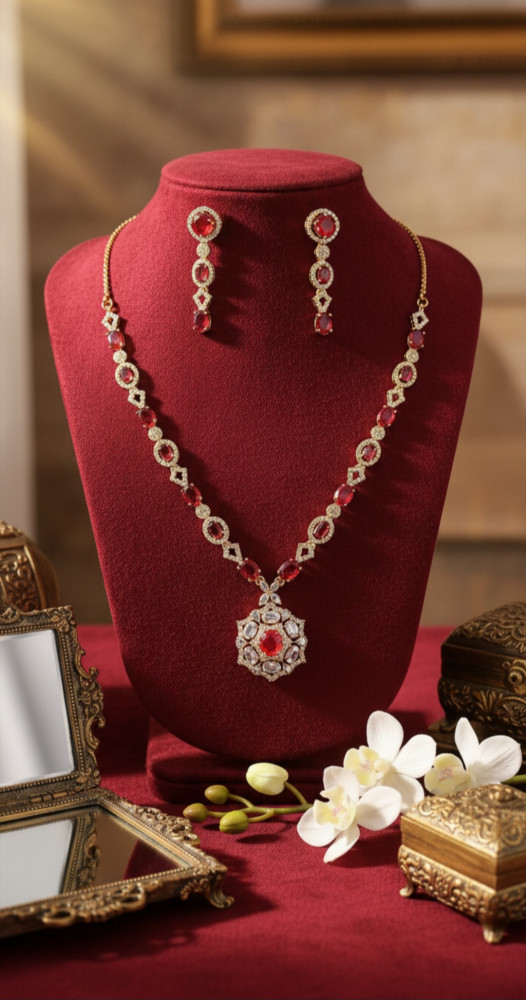 Image of Rose Gold Plated Floral Link Necklace Set with Ruby Red Stones, Shimmering White AD Accents, and Geometric Pendant