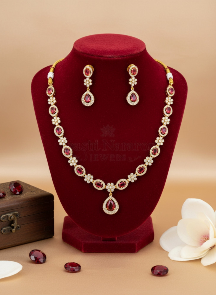 Image of Rose Gold Plated Floral Link Necklace Set with Ruby Red Stones, White AD Accents, and Teardrop Pendant