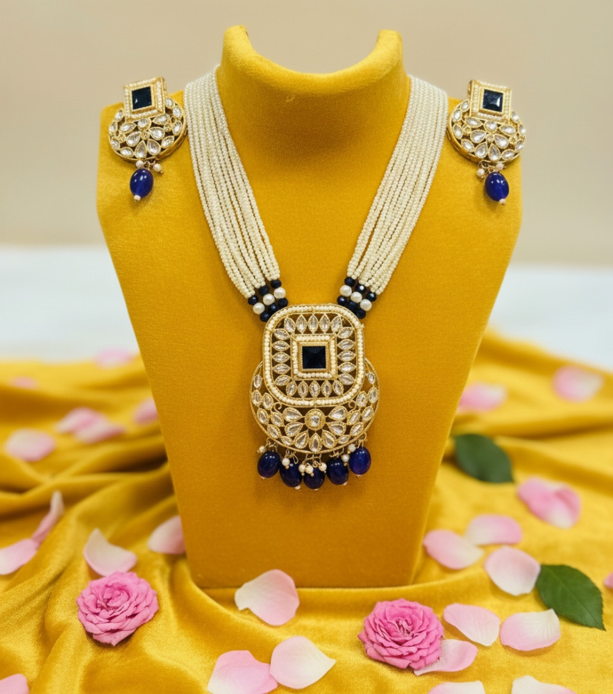 Image of Royal Blue Kundan &amp; Multi-Strand Pearl Necklace Set