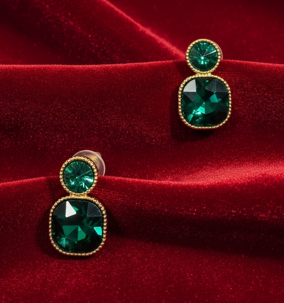Image of Royal Emerald: Cushion-Cut Crystal Double Drop Earrings