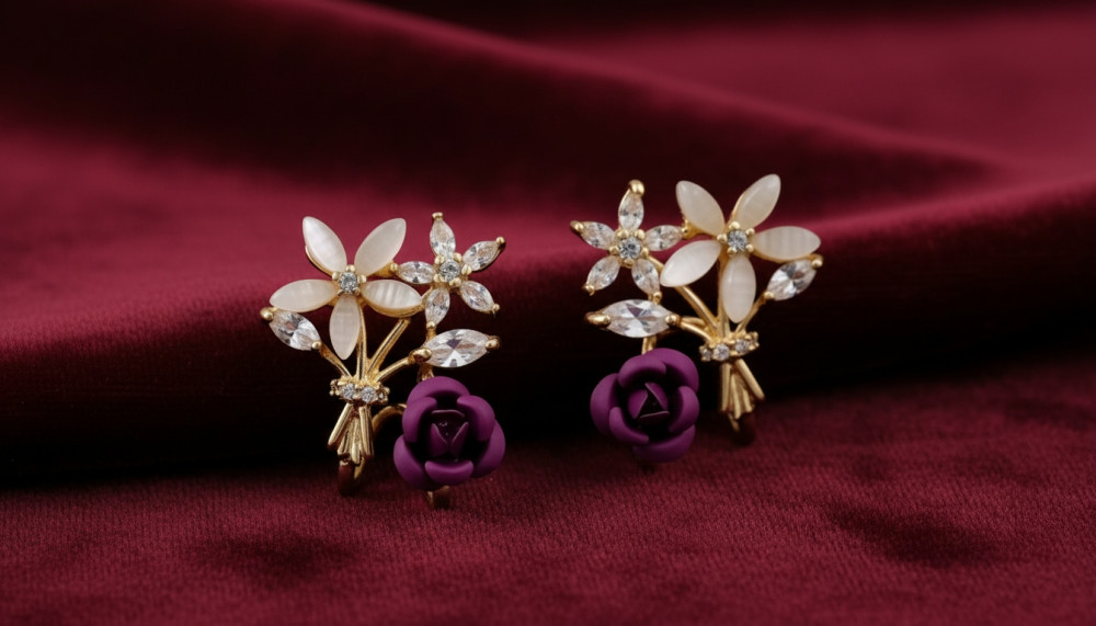 Image of Royal Lavender Bouquet: Purple Rose &amp; Crystal Pavé Stud Earrings