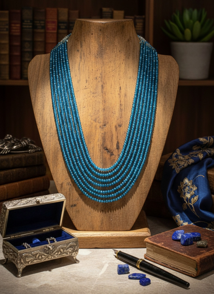 Image of Royal Navy Blue Multi-Strand Beaded Necklace – Elegant Layered Stone Statement Mala