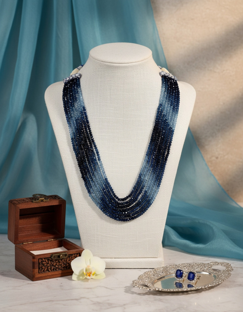 Image of Royal Navy Blue Multi-Strand Beaded Necklace – Elegant Layered Stone Statement Mala