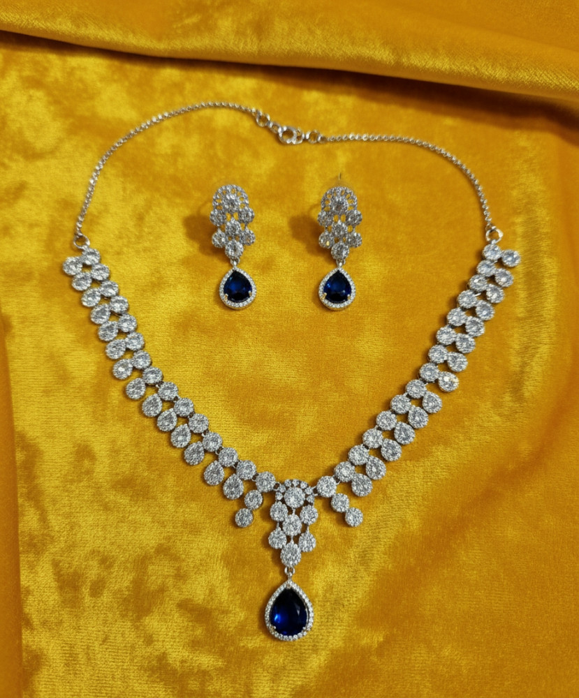 Image of Silver-Plated American Diamond Necklace Set with Blue Teardrop Pendant