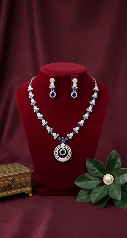 Image of Silver Plated Blue Sapphire and Pearl Necklace Set with Circular Medallion Pendant and Matching Drop Earrings