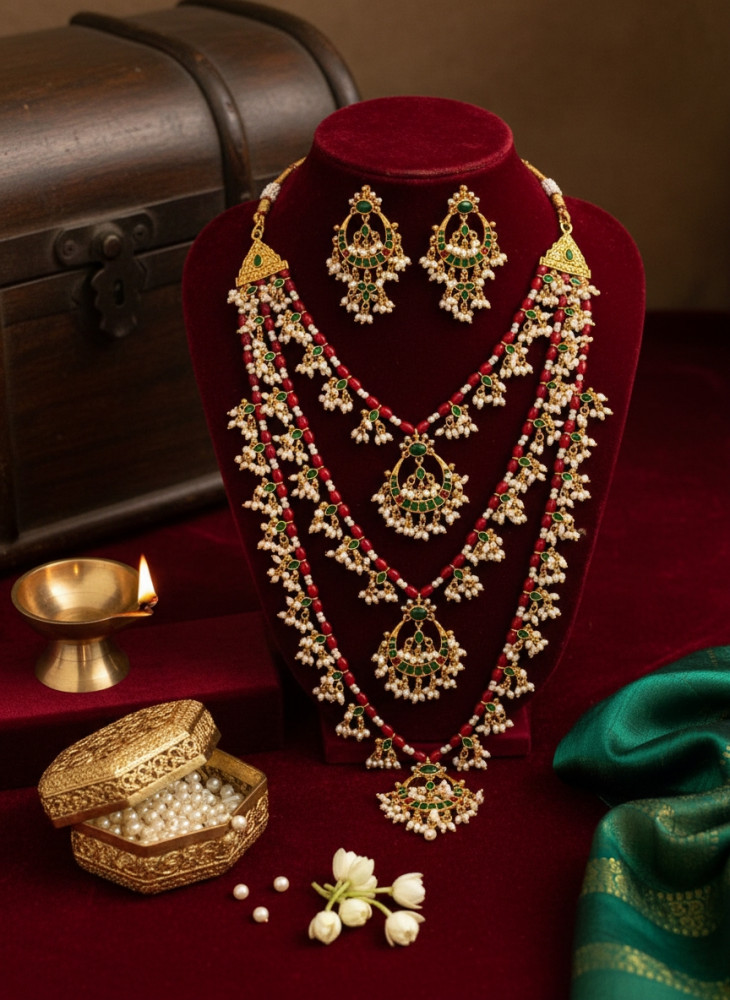 Image of Traditional 3-Layer Guttapusalu Necklace Set with Pearl Clusters