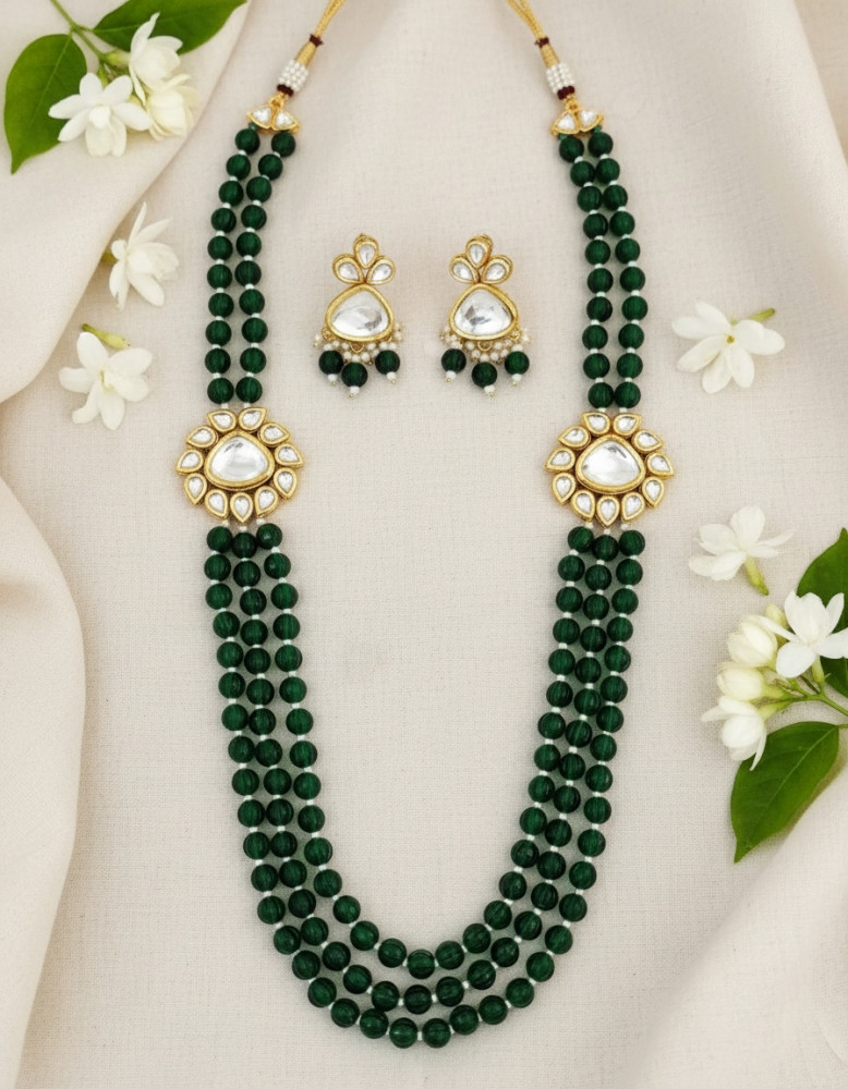 Image of Traditional 3-Strand Green Bead Kundan Mala Necklace with Earrings