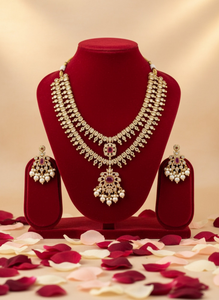 Image of Traditional Antique Gold Plated Double Layer Haram Necklace Set with Grand Pendant and Matching Earrings