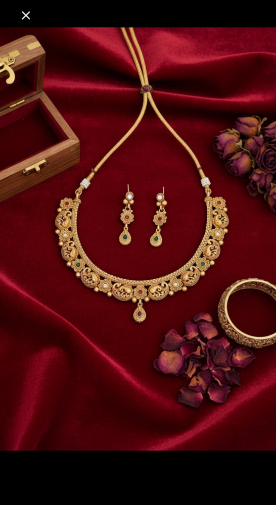 Image of Traditional Antique Gold Plated Filigree Choker Necklace Set with Floral Motifs and Matching Drop Earrings