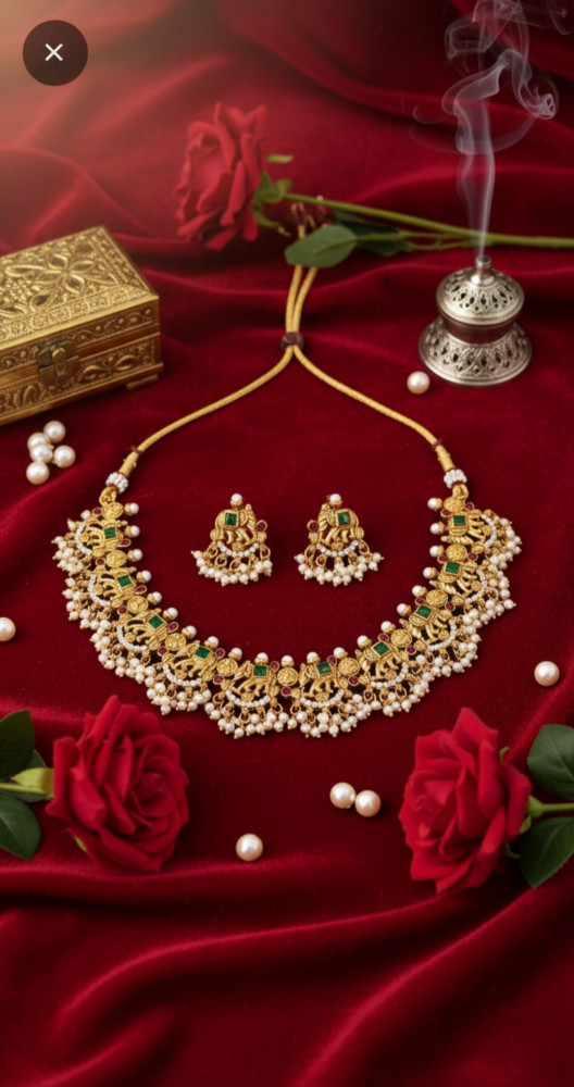 Image of Traditional Antique Gold Plated Guttapusalu Choker Necklace Set with Ruby Emerald Stones and Pearl Clusters