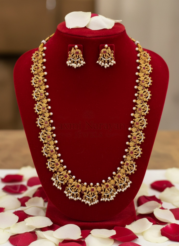 Image of Traditional Antique Gold Plated Guttapusalu Long Haram Necklace Set with Pearl Clusters and Matching Stud Earrings