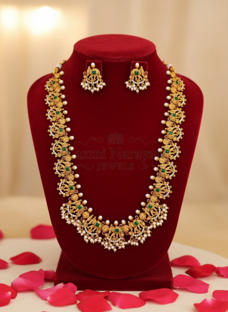 Image of Traditional Antique Gold Plated Guttapusalu Long Haram Necklace Set with Pearl Fringe and Matching Studs