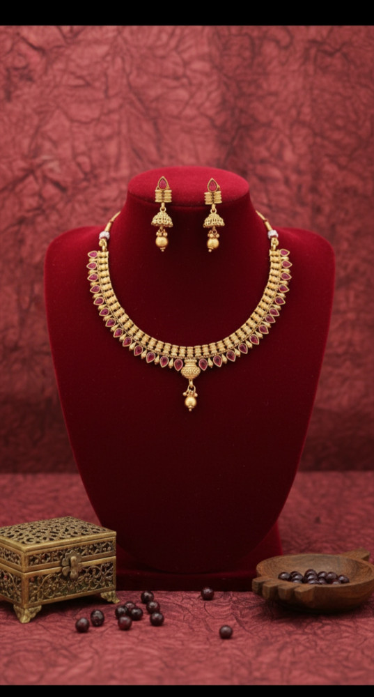 Image of Traditional Antique Gold Plated Guttapusalu Necklace Set with Pearl Clusters and Matching Jhumka Earrings