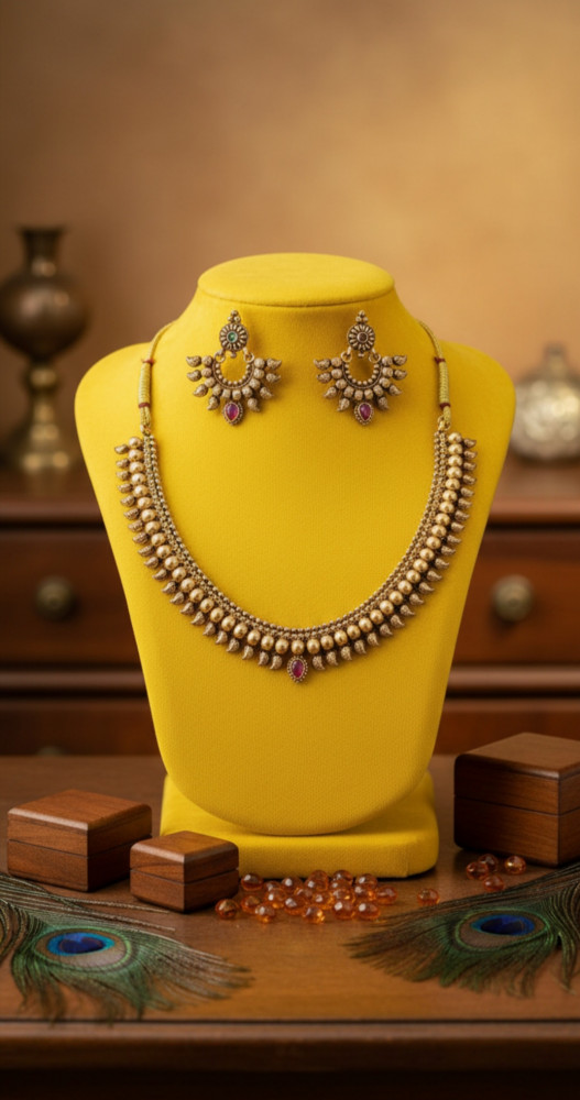 Image of Traditional Antique Gold Plated Jasmine Bud Motif Necklace Set with Matching Chandbali Style Stud Earrings