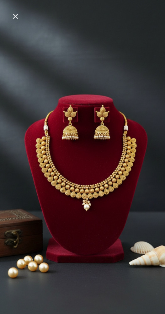 Image of Traditional Antique Gold Plated Kasu Mala Choker Necklace Set with Temple Jhumka Earrings and Pearl Drop