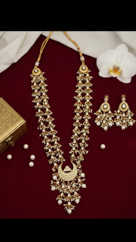 Image of Traditional Antique Gold Plated Long Haram Necklace with Floral Motifs and Grand Crescent Pendant