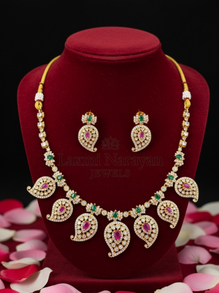 Image of Traditional Antique Gold Plated Mango Mala Necklace Set with Ruby and Emerald Kemp Stones and Matching Earrings