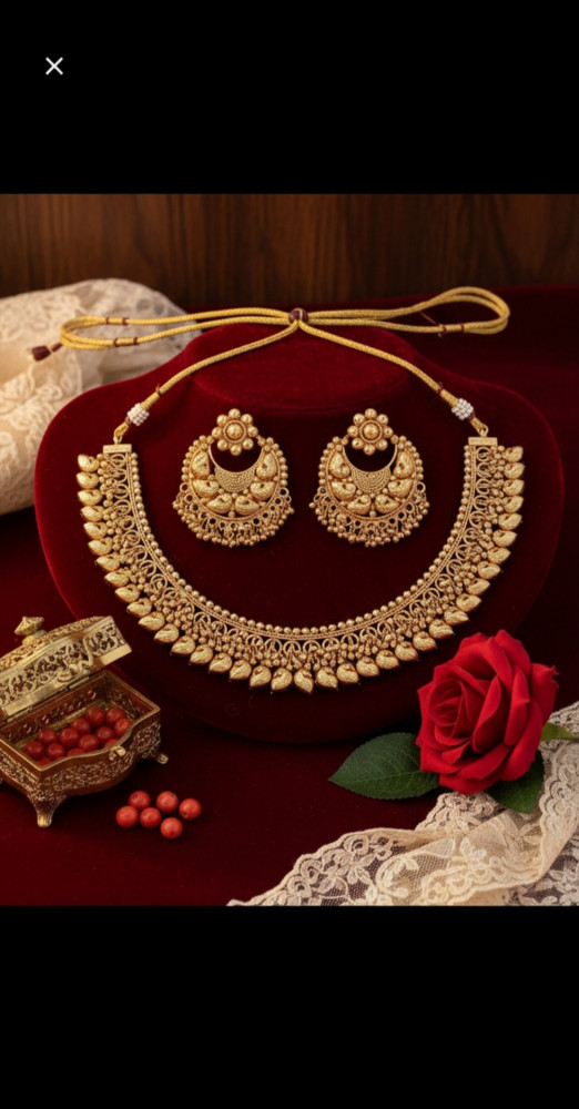 Image of Traditional Antique Gold Plated Temple Choker Necklace Set with Chandbali Earrings and Jasmine Bud Drops