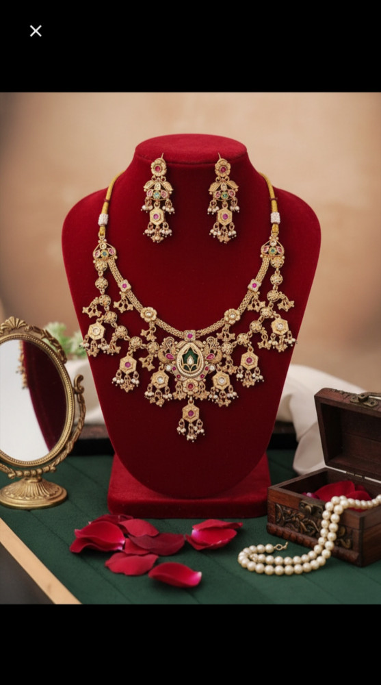 Image of Traditional Antique Gold Plated Temple Necklace Set with Ruby Emerald Stones and Matching Chandelier Earrings