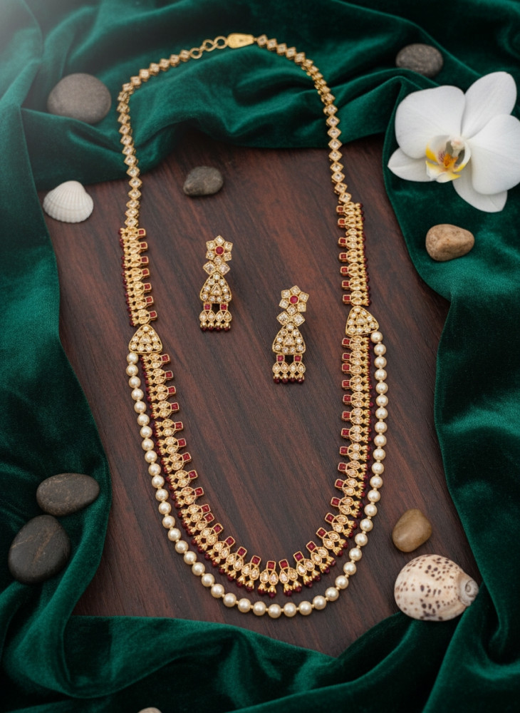 Image of Traditional Gold-Plated Double Layered Haram Necklace Set with Pearls