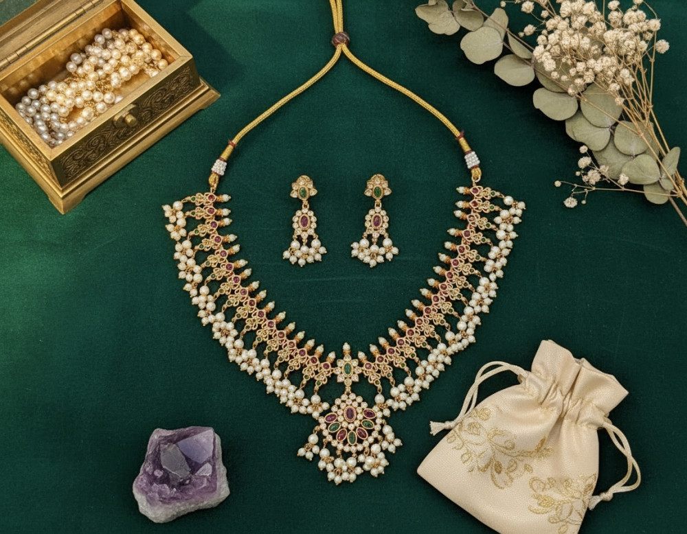 Image of Traditional Gold-Plated Guttapusalu Necklace Set with Pearl Cluster Drops