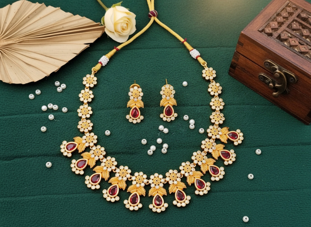 Image of Traditional Gold-Plated Guttapusalu Necklace Set with Ruby-Tone Stones