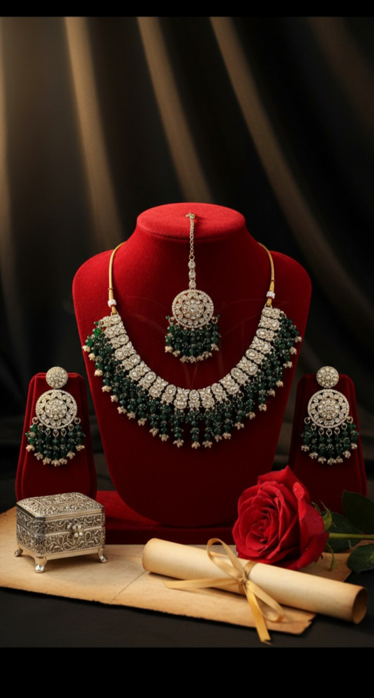 Image of Traditional Gold Plated Kundan Choker Necklace Set with Emerald Green Beads, Matching Earrings, and Maang Tikka