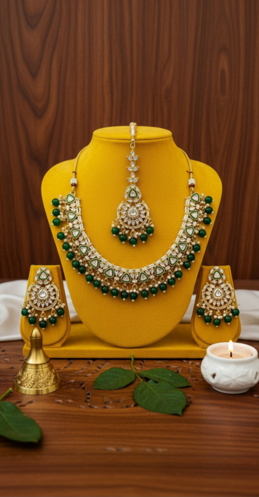 Image of Traditional Gold Plated Kundan Choker Necklace Set with Maang Tikka and Earrings featuring Emerald Green Bead Droplets